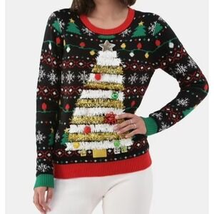 No Boundaries Womens Holiday Christmas 3D Ugly Sweater Crewneck Ornament Black S